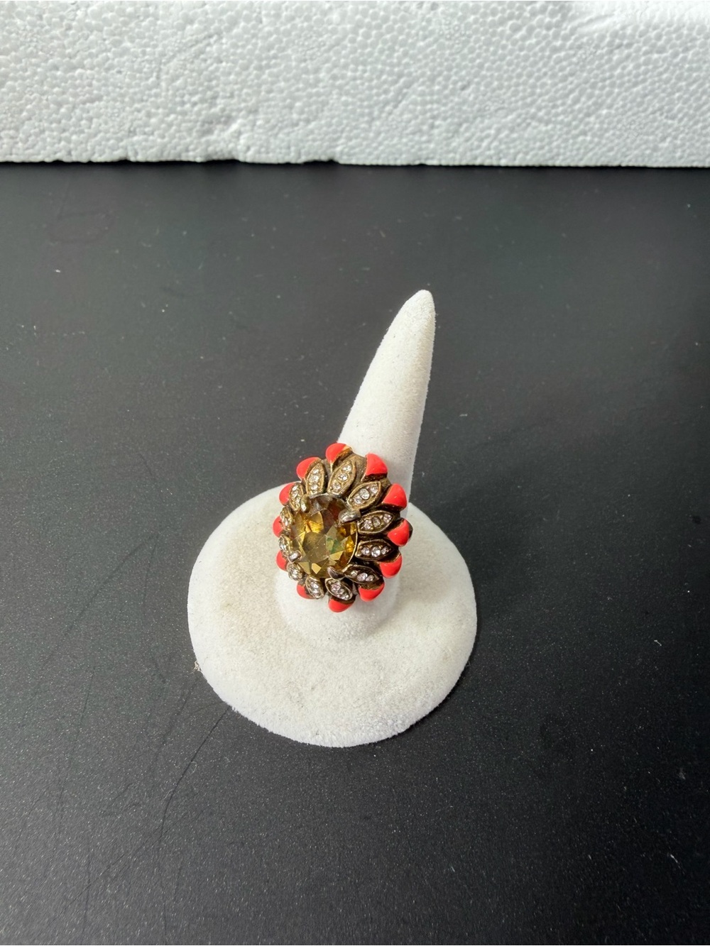 Vintage Stella & Dot Rosanne orange Neo Enamel Rhinestones Adjustable Brass Ring